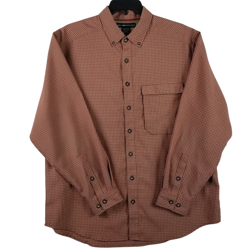 ExOfficio Mens XL Long Sleeve Button Down Shirt Red Brown Micro Check Outdoor